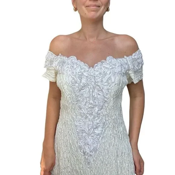 Vintage 90s Flirtation White Maxi Evening Dress Slit Off Shoulder Size Large